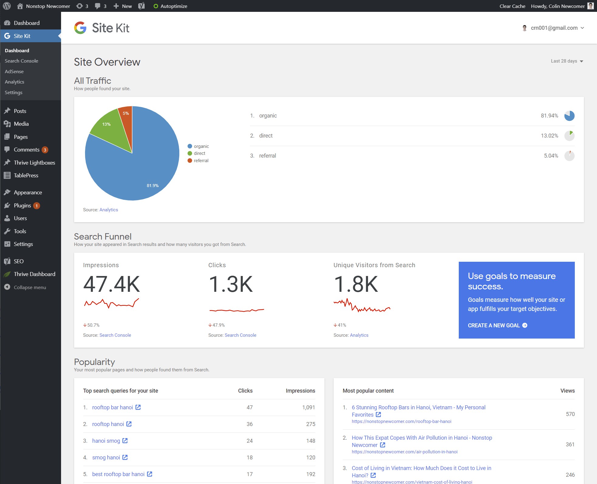 Google Site Kit main dashboard in WordPress