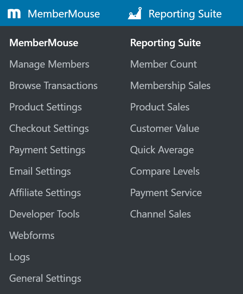 MemberMouse Admin Menus