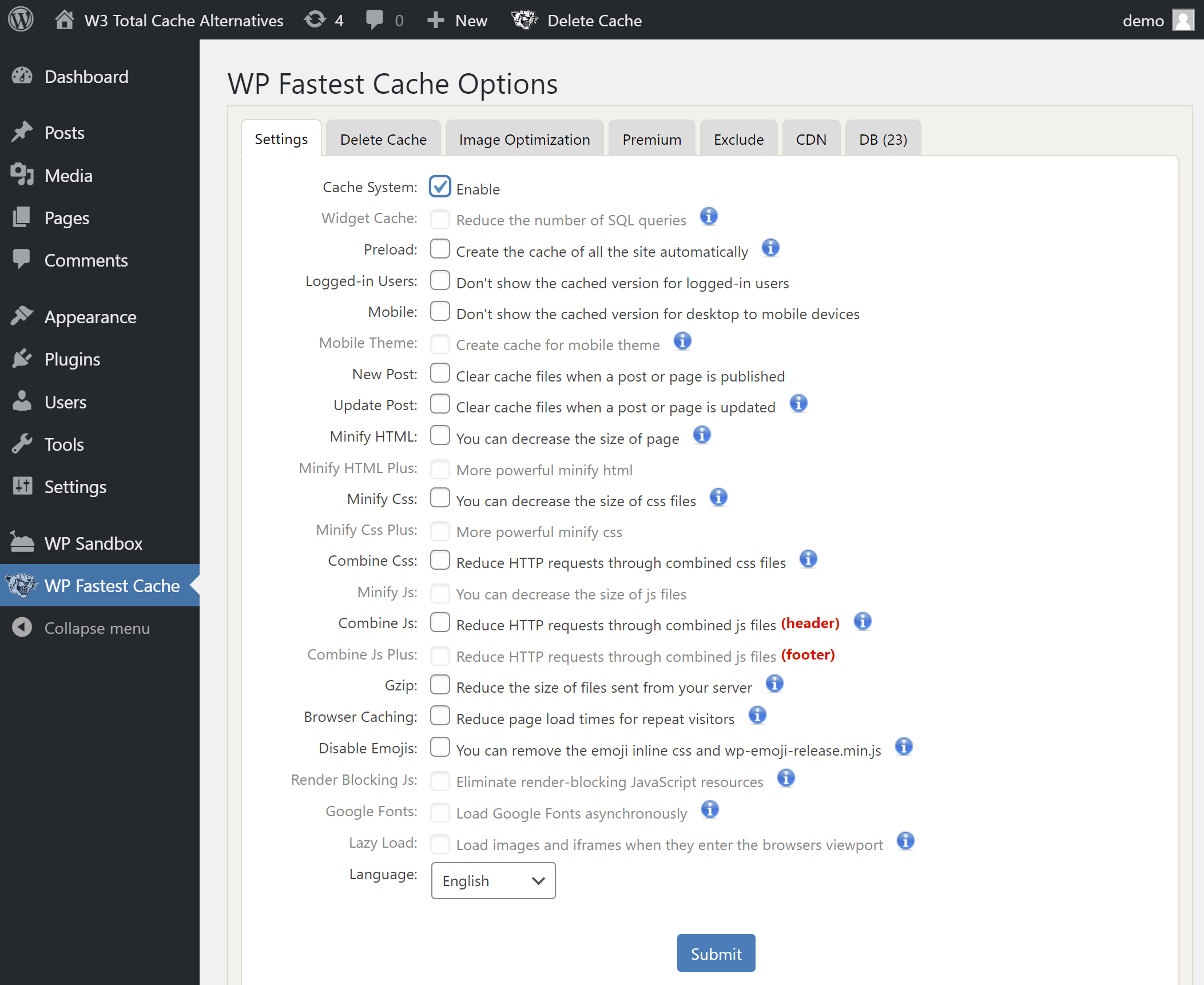 WP Fastest Cache settings