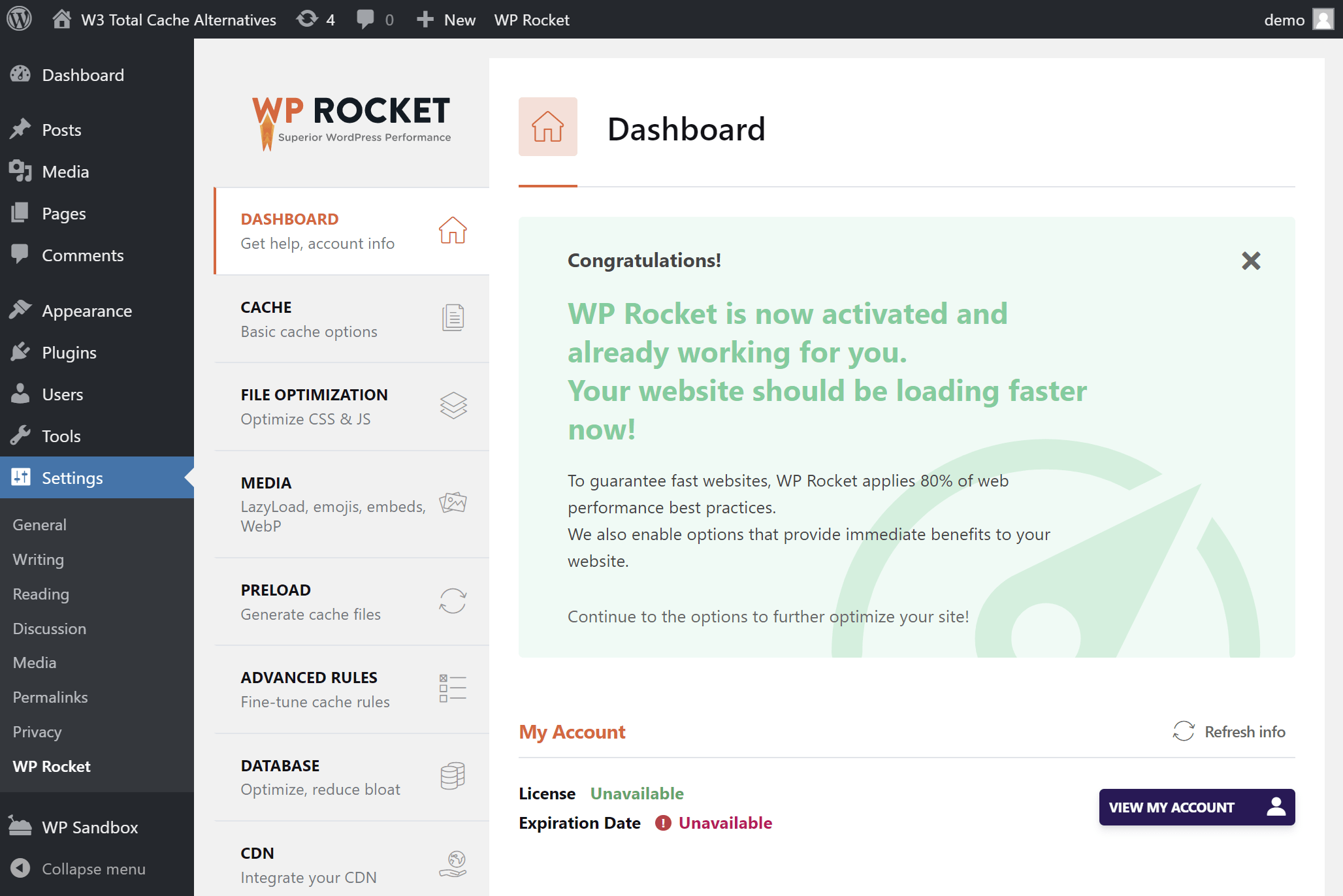 WP Rocket settings