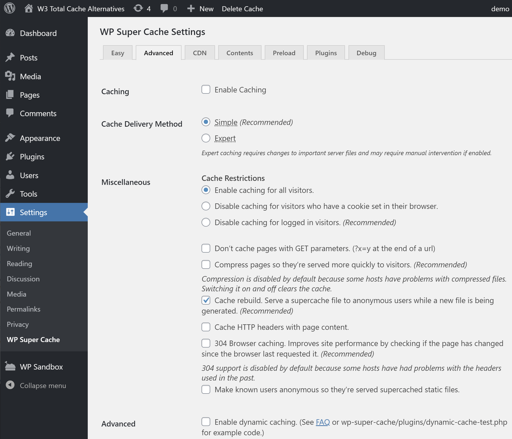 WP Super Cache advanced settings