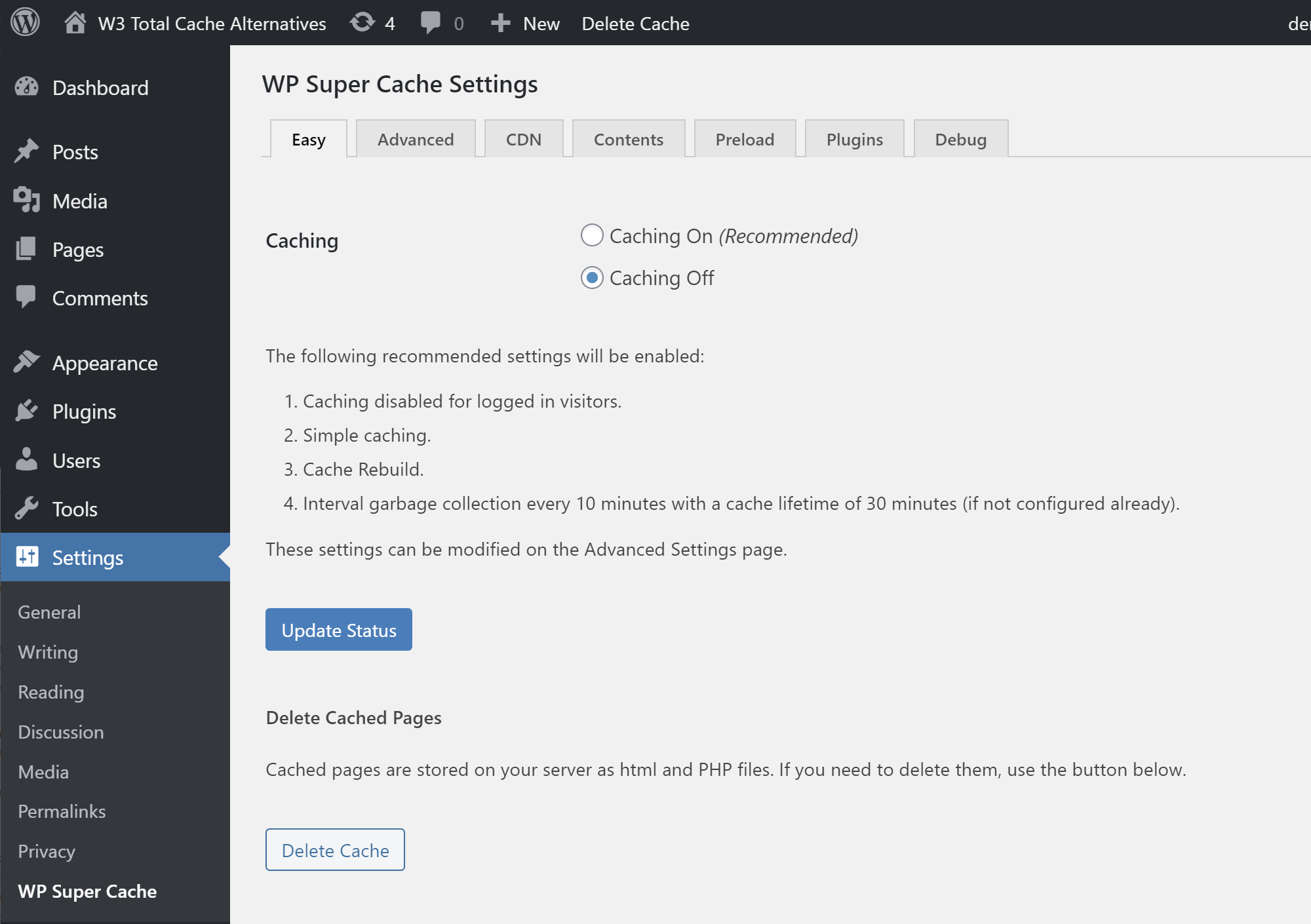 WP Super Cache basic settings