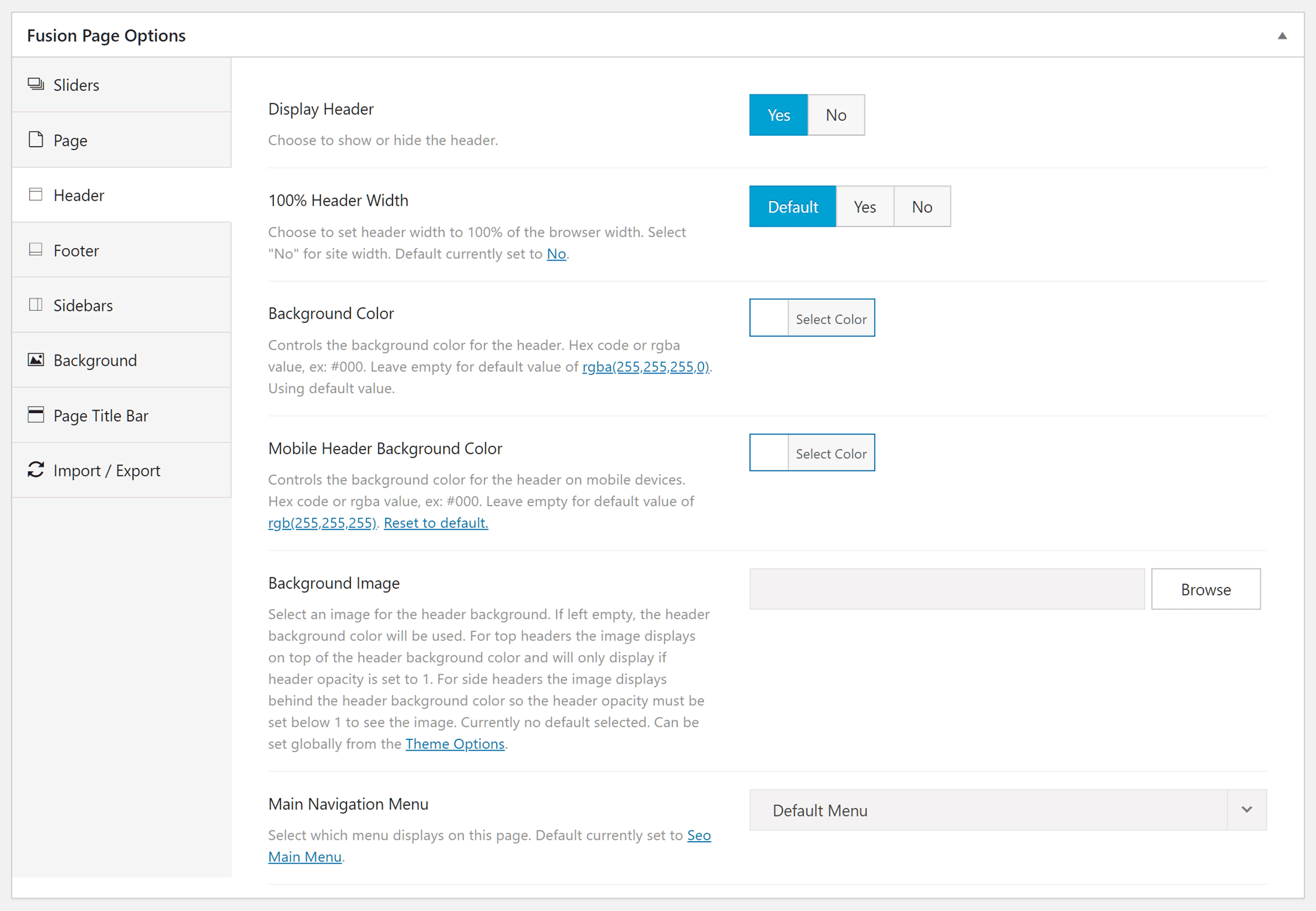 Avada Theme Page Options