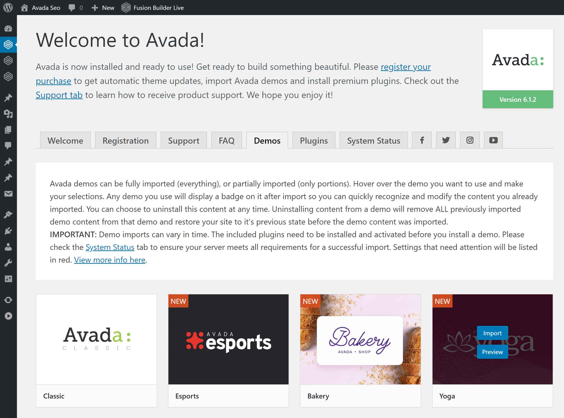 Avada Theme User Interface