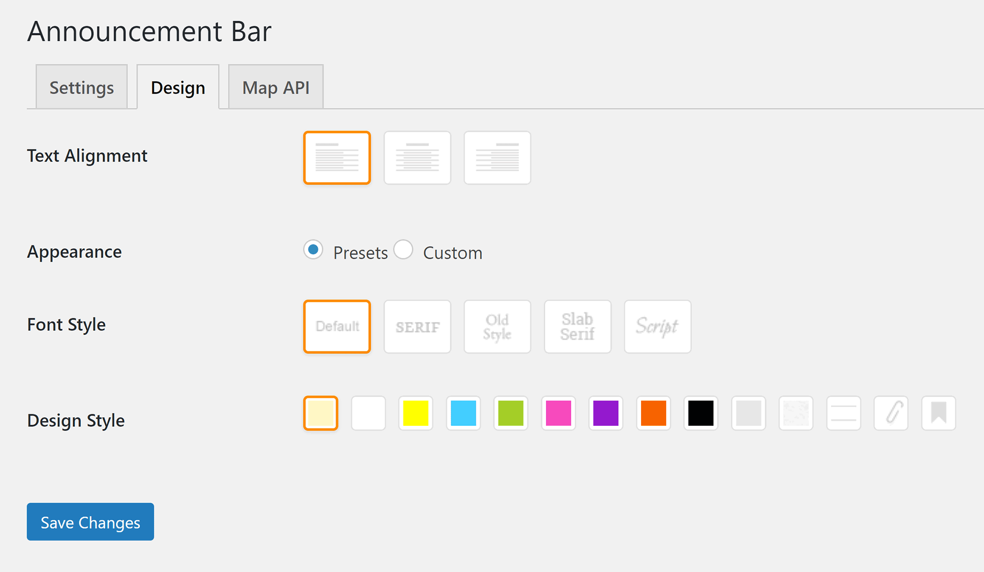 Announcement Bar Design Settings