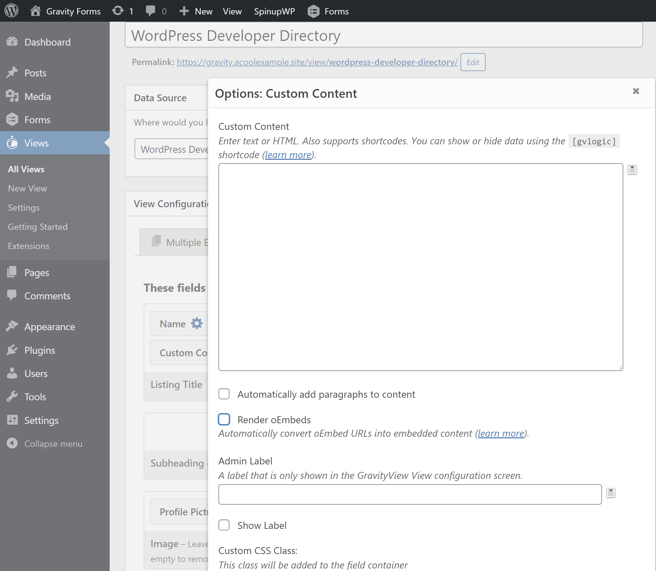 The GravityView custom content field