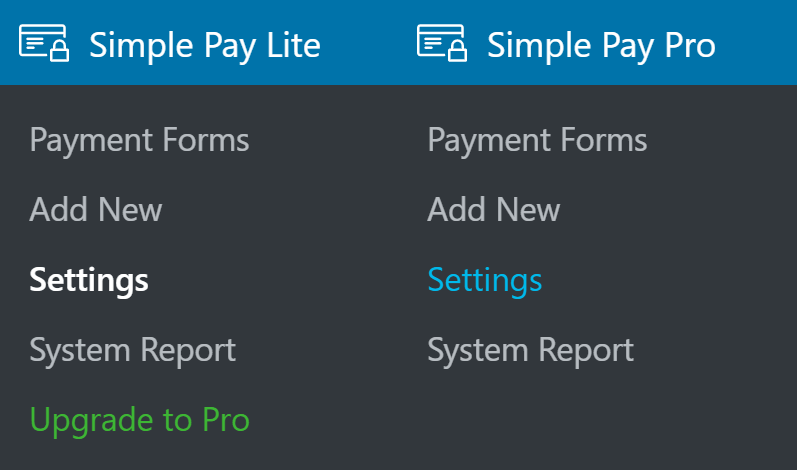 WP Simple Pay WordPress Admin Menu