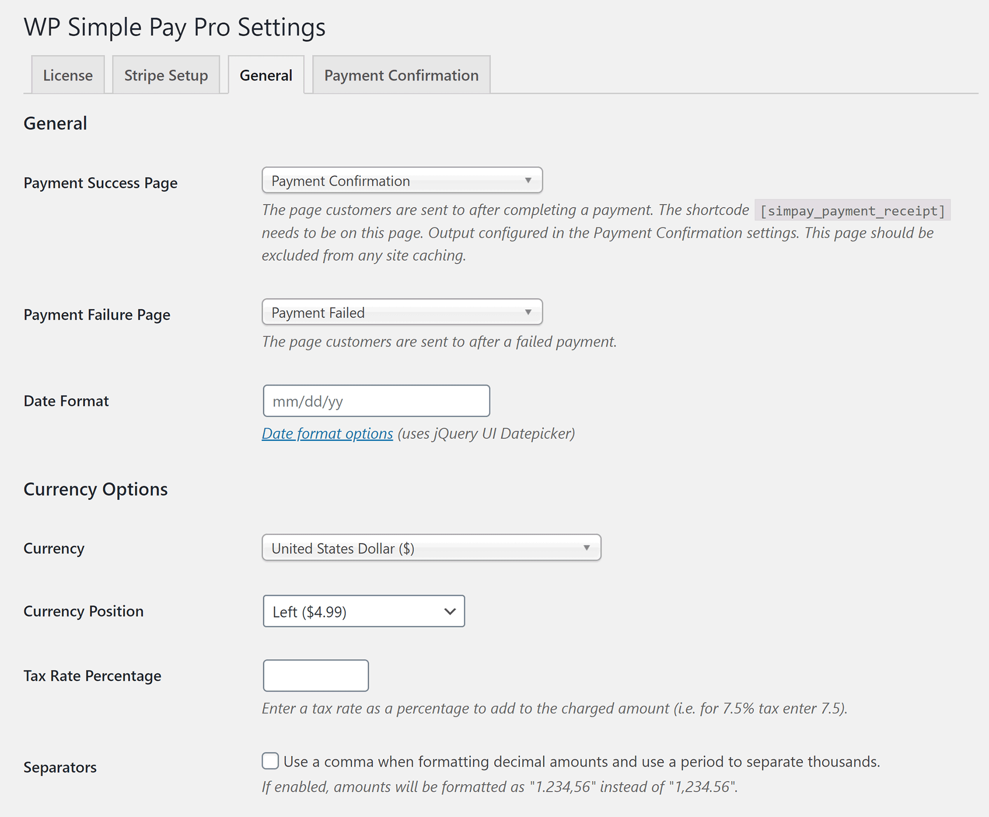 WP Simple Pay General Settings