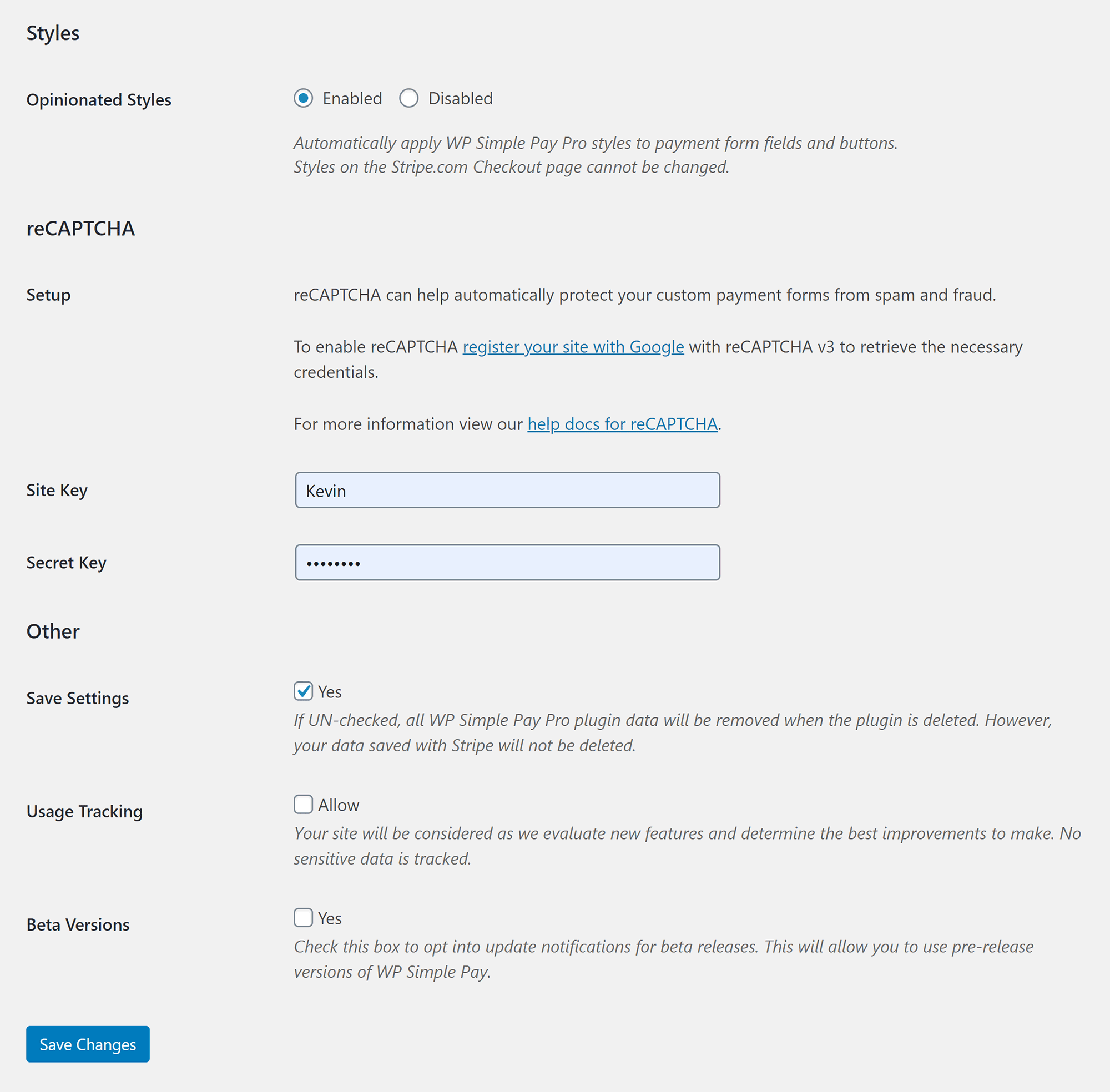 WP Simple Pay General Settings