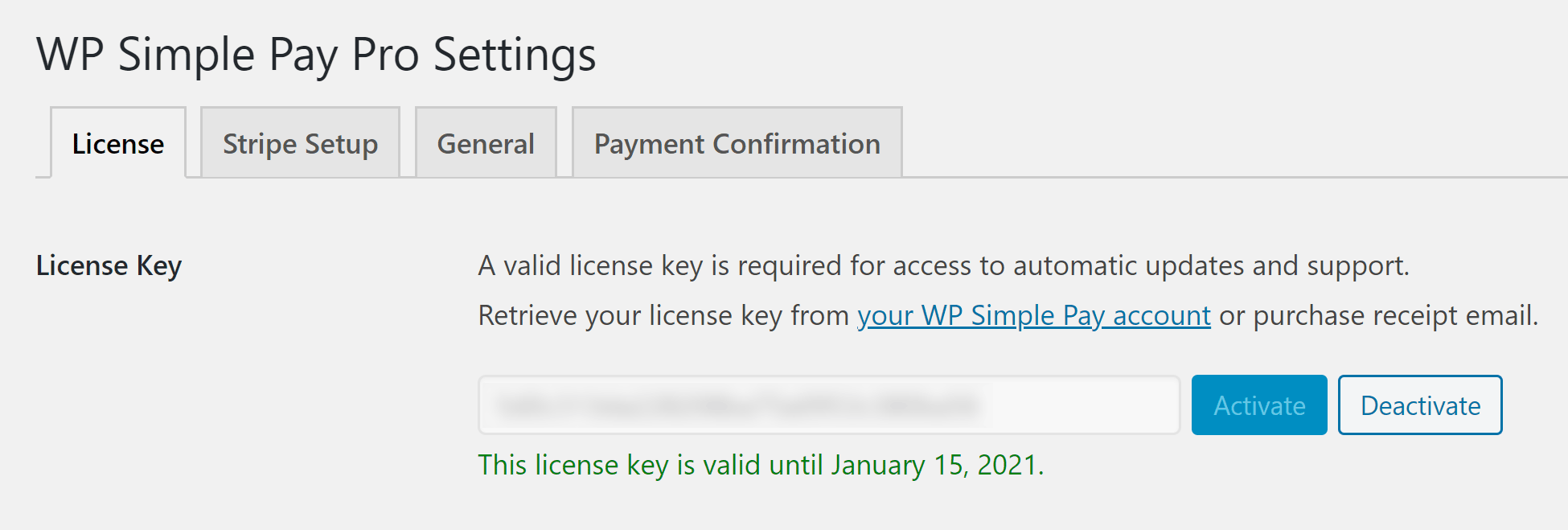 WP Simple Pay License Settings