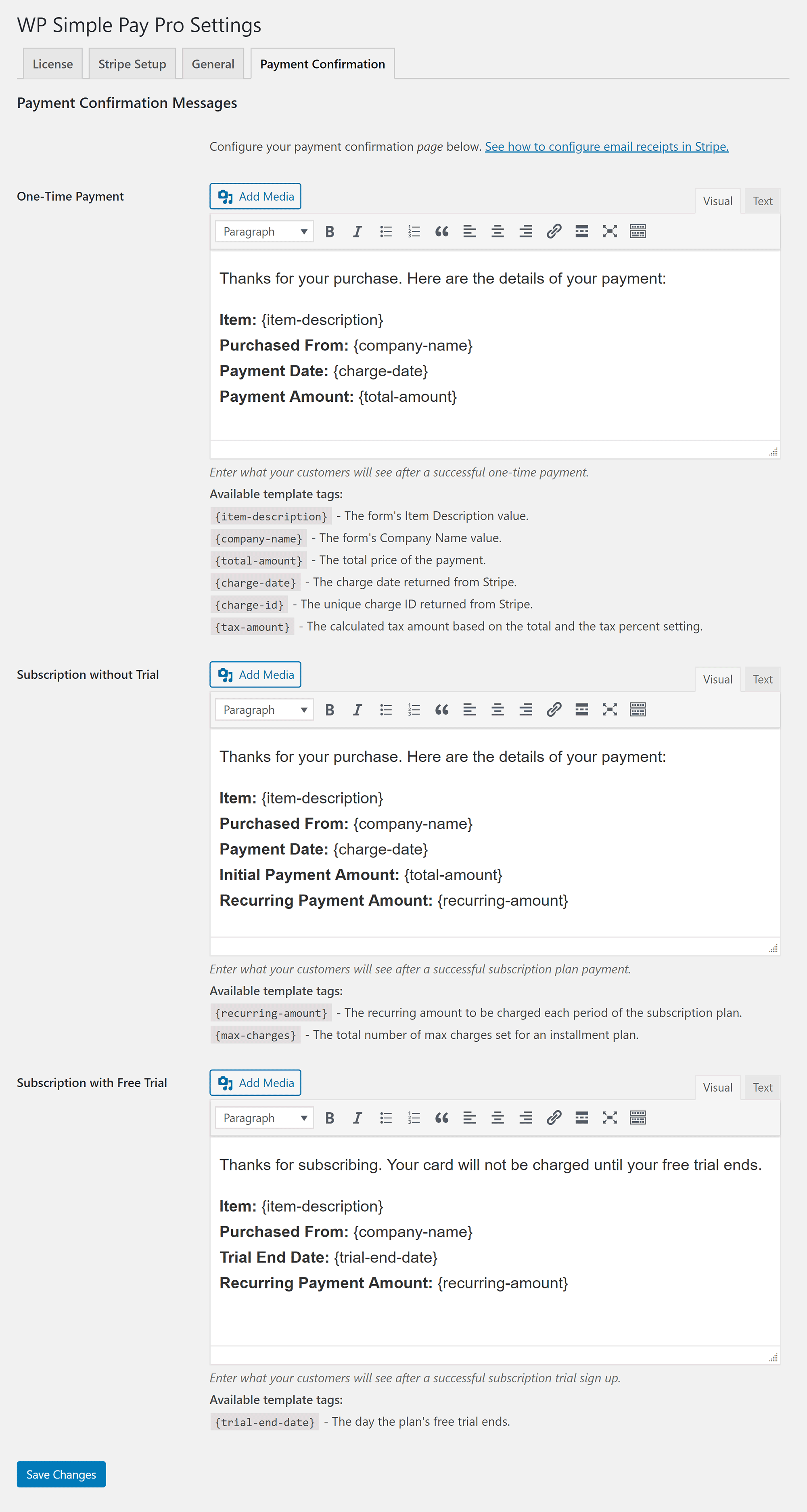 WP Simple Pay Payment Confirmation Settings