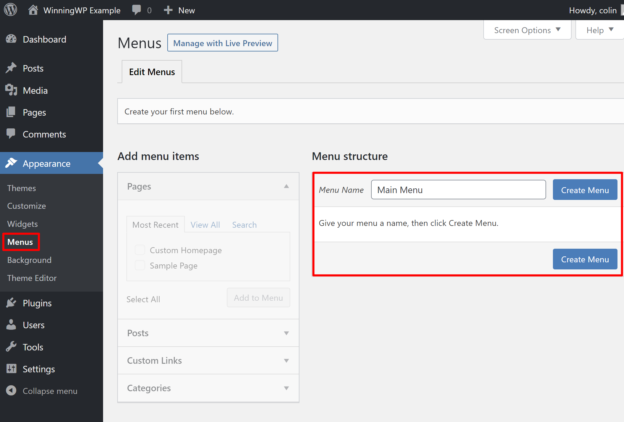 How to create a new WordPress menu