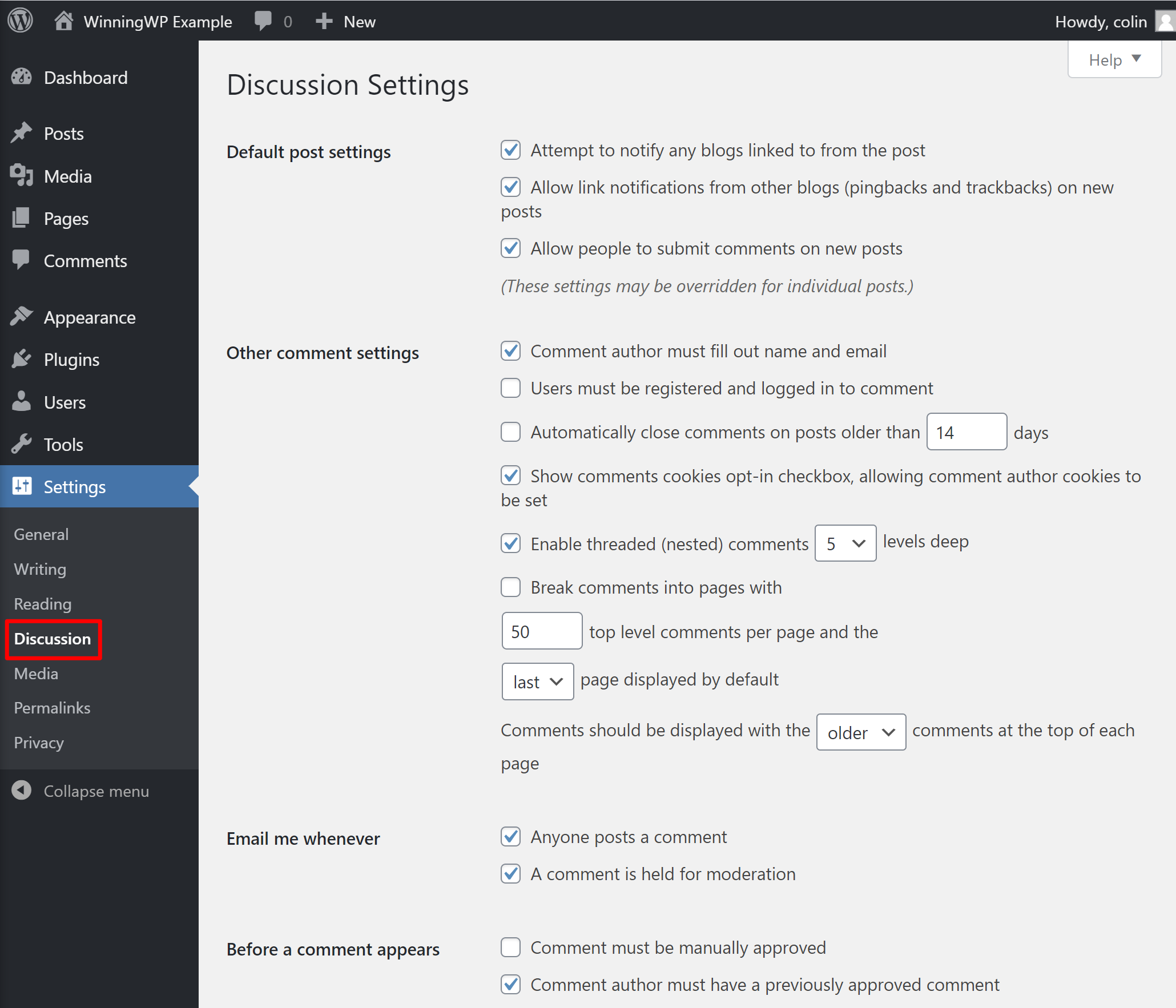 WordPress comment settings