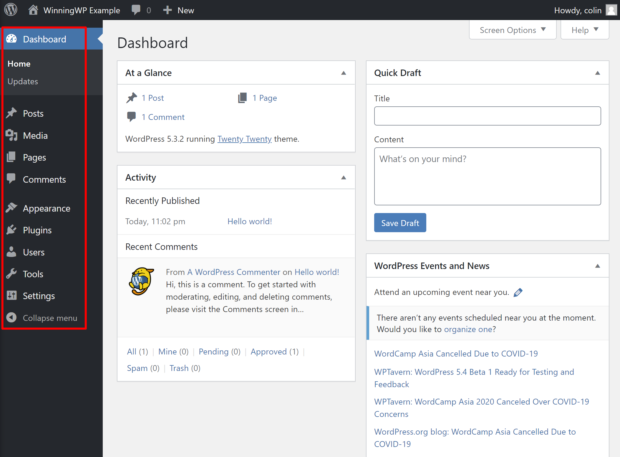 wordpress dashboard