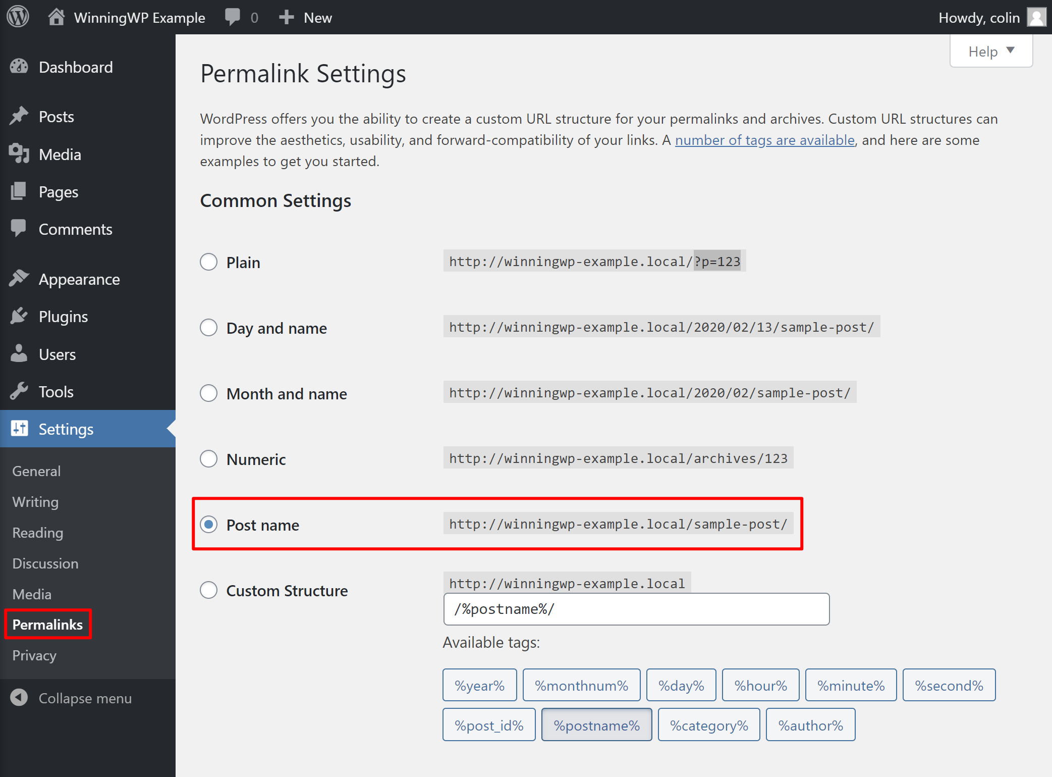 Setting the WordPress permalink structure