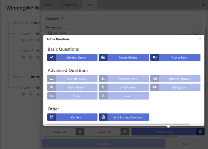 LifterLMS quiz question options