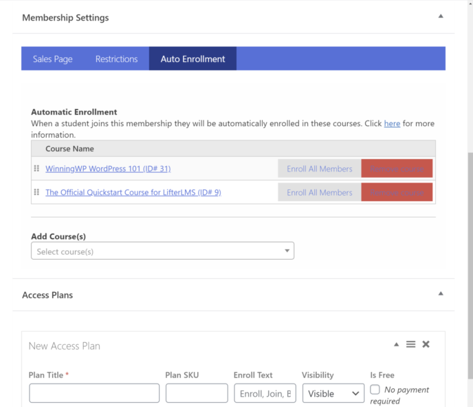 LifterLMS membership plan options