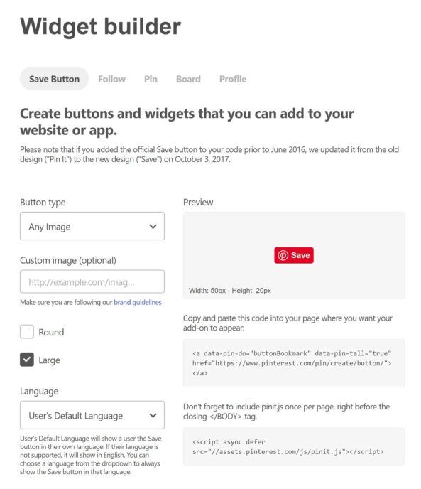 Pinterest Widget Builder Save Button