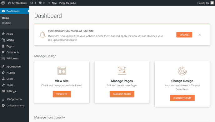 SiteGround Custom WordPress Dashboard