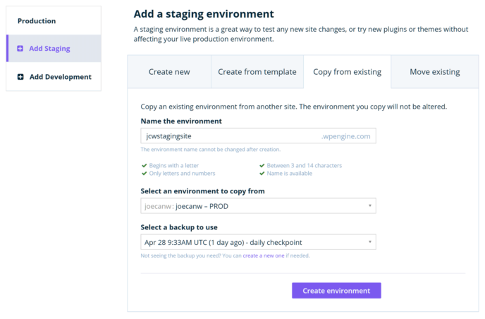 Add a Staging Site with WP Engine