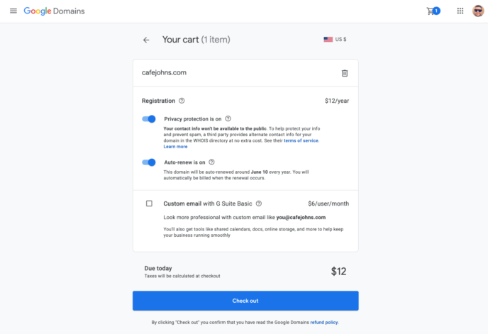 Google Domains checkout