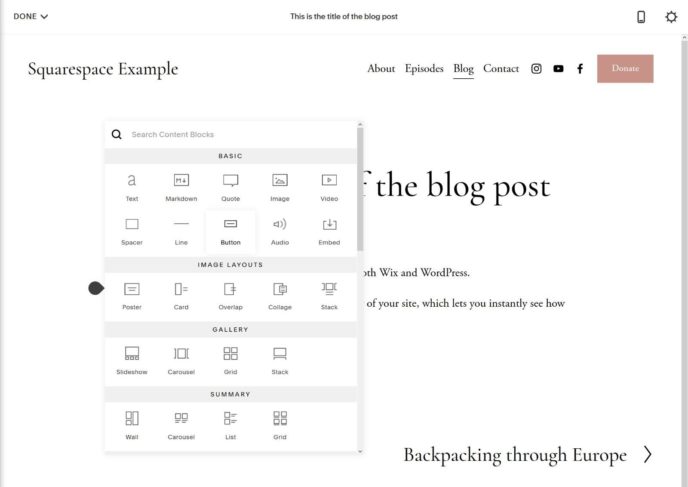 Adding content blocks in Squarespace blog editor