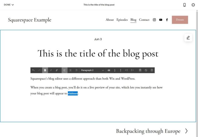 The Squarespace blog editor