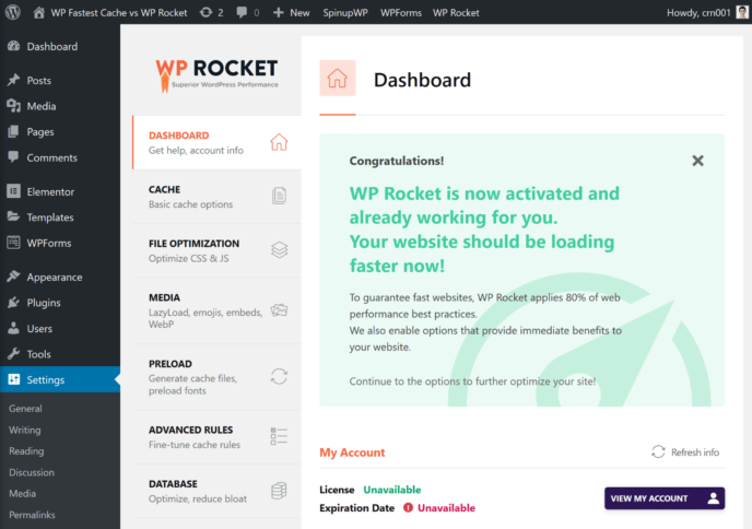 Main WP Rocket dashboard