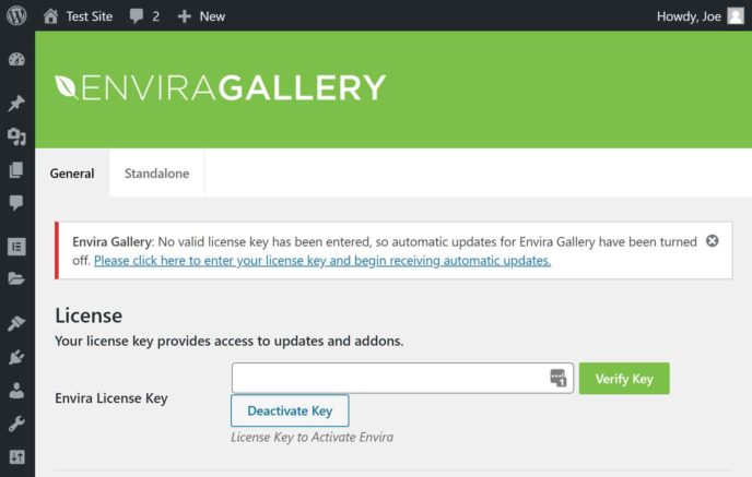 Envira Gallery Key Alert