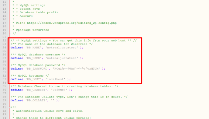 An example of database credentials in the wp-config.php file
