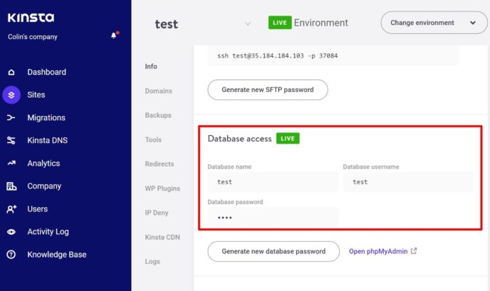 An example of locating database credentials at Kinsta
