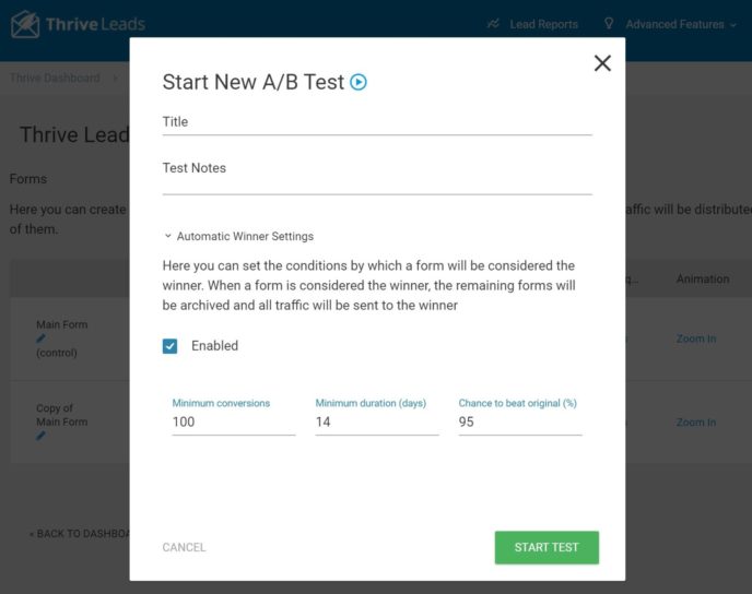 Creating a Thrive Leads A/B test