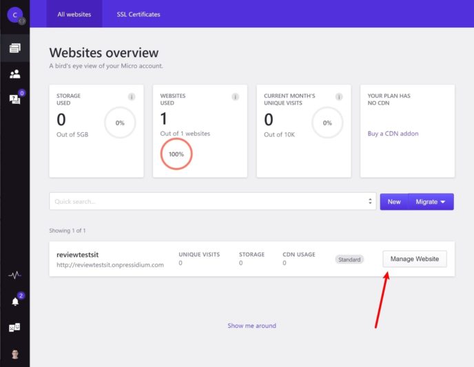 Pressidium main dashboard