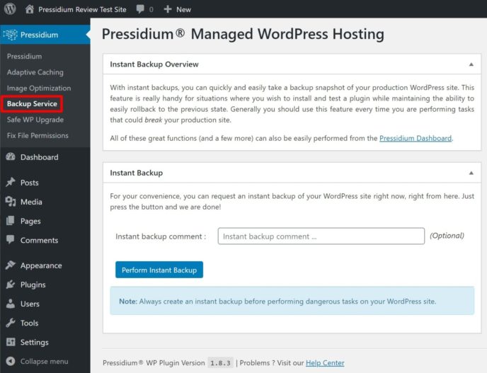 Pressidium backup from WordPress plugin