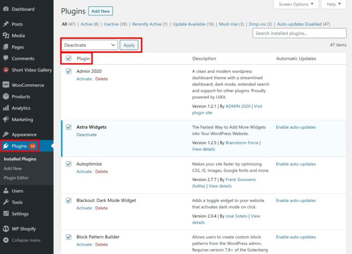 Deactiveer alle WordPress plugins via het dashboard