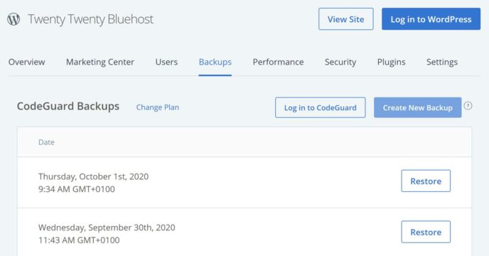 Bluehost CodeGuard Backup Tool