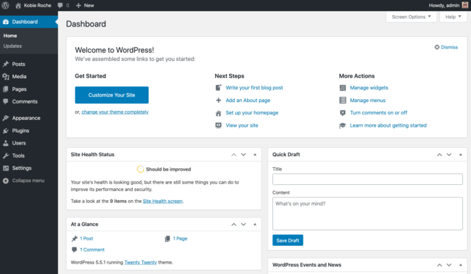 Wix vs WordPress: tableau de bord WordPress