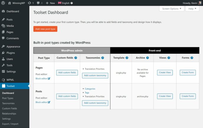 Toolset Types Dashboard