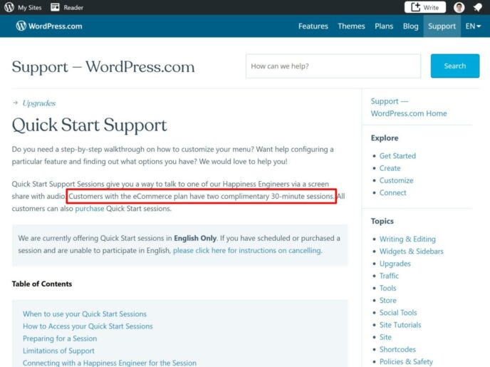 Details on the WordPress.com Quick Start support session