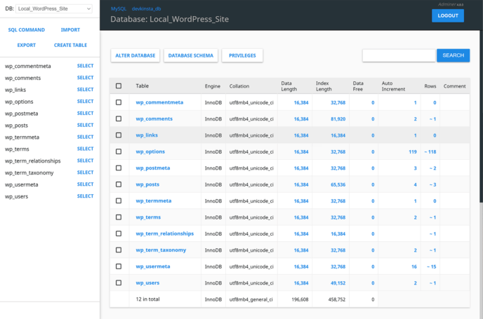 Adminer database explorer