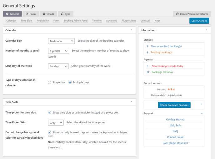 Booking Calendar Settings