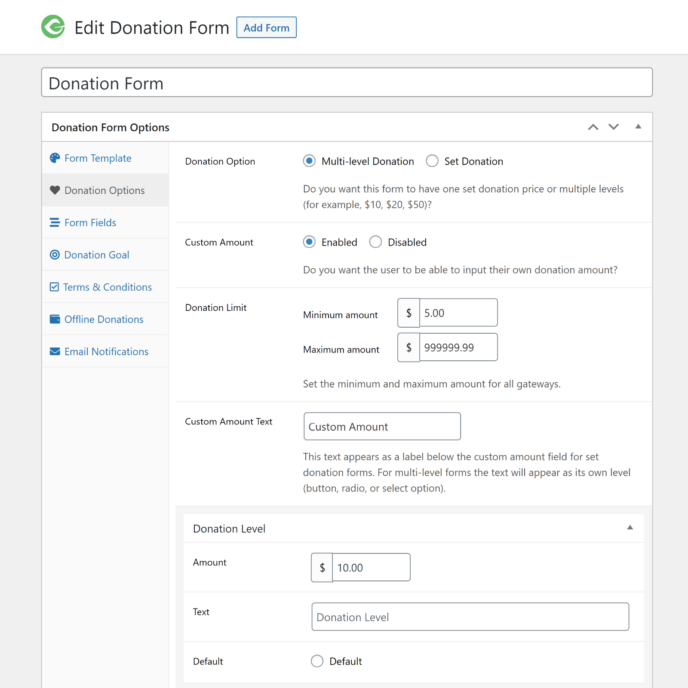 Donation Form Settings