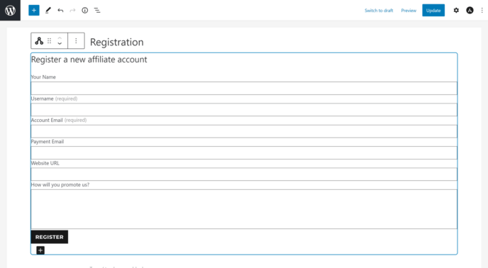 AffiliateWP Block in Editor