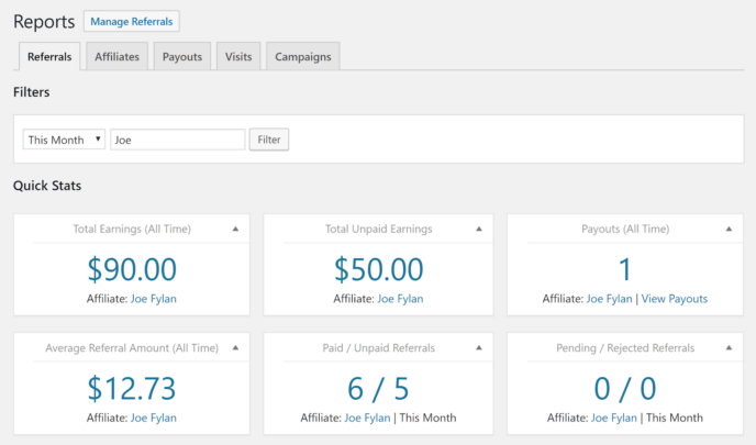 AffiliateWP Referrals Report