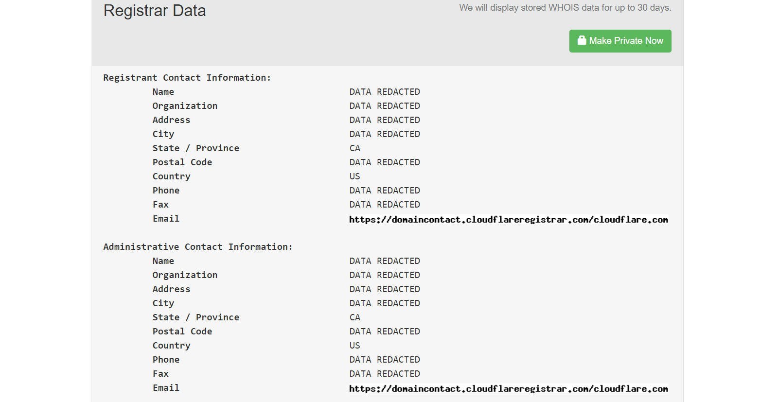 Domain whois State / Country not private - Registrar - Cloudflare