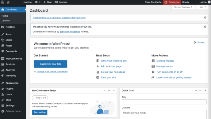Nexcess WooCommerce Hosting Review: Welcome message after installing WordPress