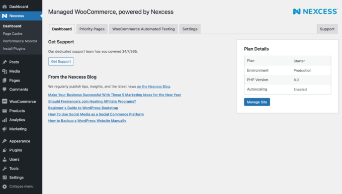 Nexcess section in the WordPress dashboard