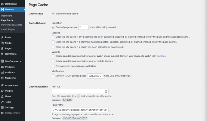 Page Cache section in Nexcess dashboard