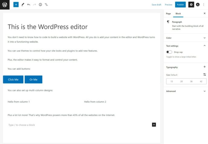 The WordPress editor where you can add content