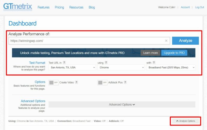 Running a basic test in GTmetrix